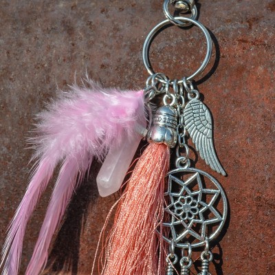 Porte Clés Attrape Rêves Plumes en Quartz rose