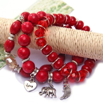 Bracelet Perles Marbrées rouges Eléphant Protecteur