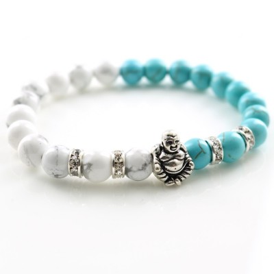 Bracelet Bouddha Riant argenté en Howlite et Turquoise