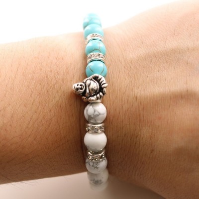 Bracelet Bouddha Riant argenté en Howlite et Turquoise