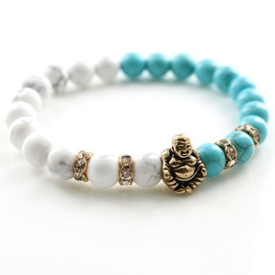 Bracelet Bouddha Riant doré en Howlite et Turquoise