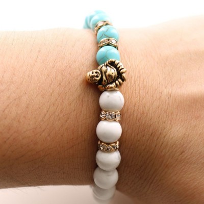 Bracelet Bouddha Riant doré en Howlite et Turquoise