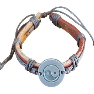Bracelet Yin Yang en cuir marron et corde marron