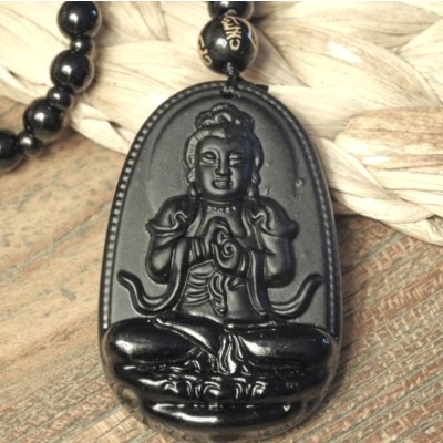 Suspension Bouddha Chenrezig en Obsidienne noire