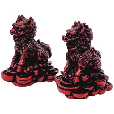 Paire de Statues Chi Lin rouges