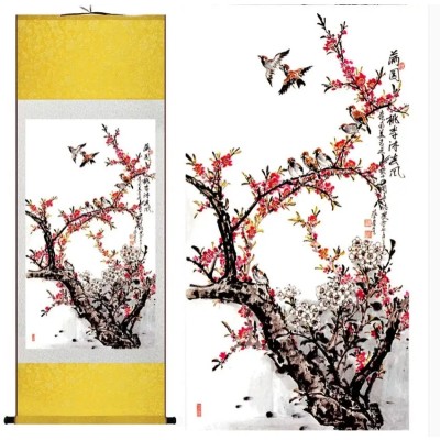 Kakemono jaune Oiseaux sur Cerisier en Fleurs