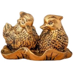 statue couple de canards mandarins Feng Shui couleur bronze, vue de face