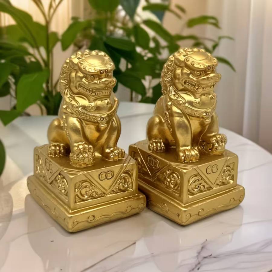 Statues Fu Dogs dorées Feng Shui – vue en situation équilibre yin et yang