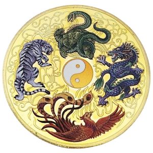 amulette décorative dorée des quatre animaux célestes, vue de face