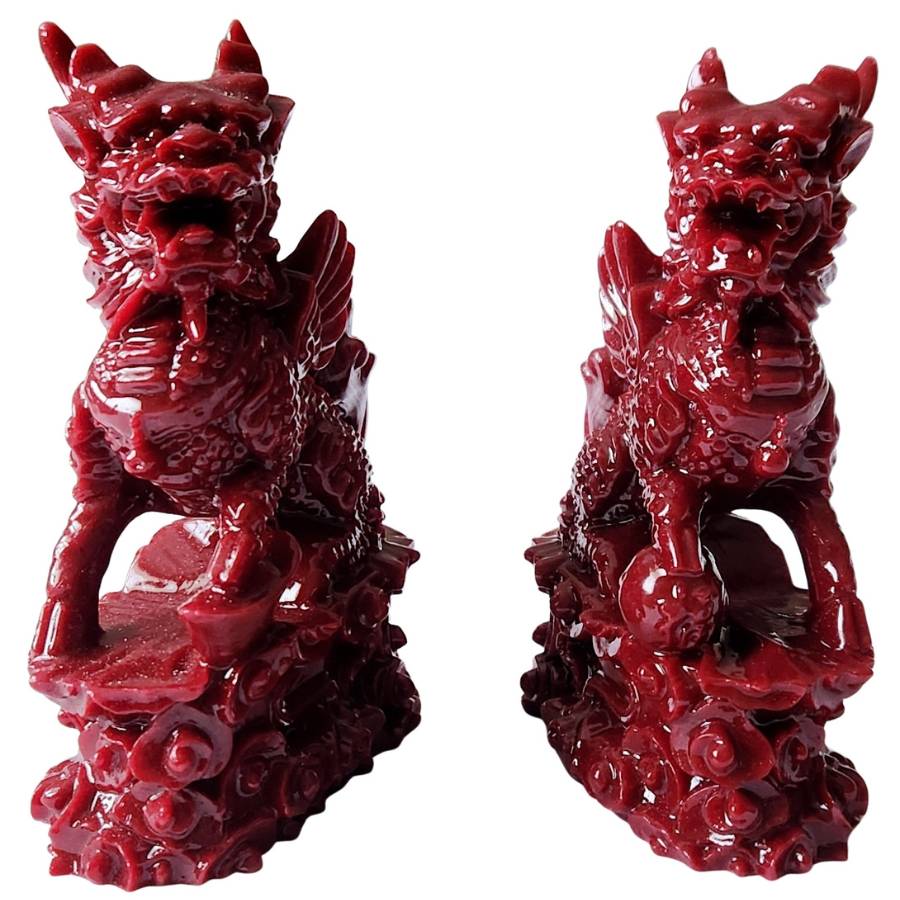 Statues Chi Lin rouges Feng Shui vue de face – protection et énergie positive