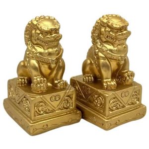 Statues Fu Dogs dorées Feng Shui – vue de face duo de lions gardiens protecteurs