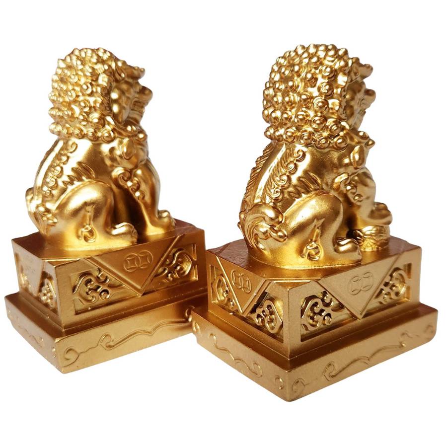 Statues Fu Dogs dorées Feng Shui – vue arrière finition dorée symbolique