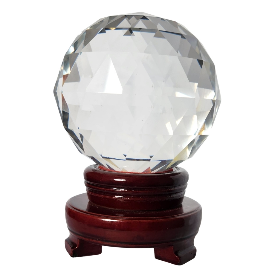 boule de cristal à facettes 100mm Feng Shui sur support, purificateur d’énergie et harmonisateur du Chi