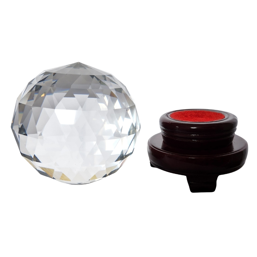 boule de cristal à facettes 100mm avec support en bois, décor zen et purification énergétique