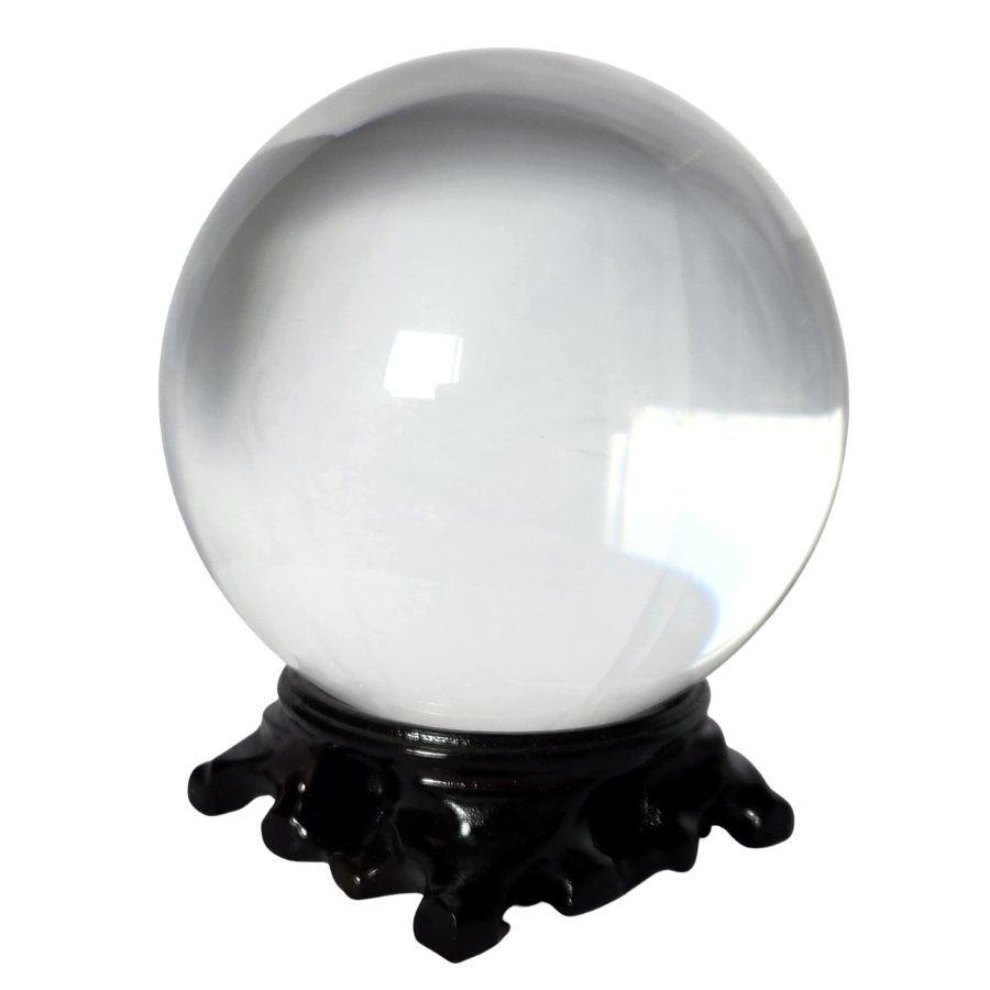 boule de cristal 120mm Feng Shui sur support en bois, symbole de clarté et harmonisation énergétique