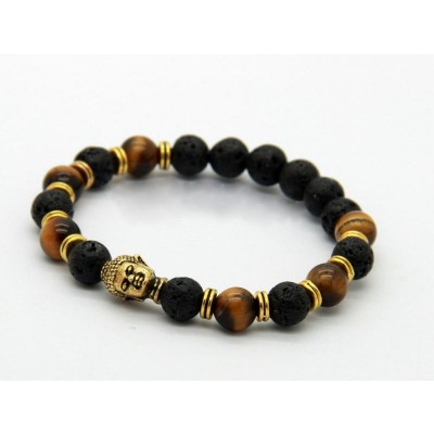 Bracelet Bouddha doré en Pierre de Lave et Oeil de Tigre