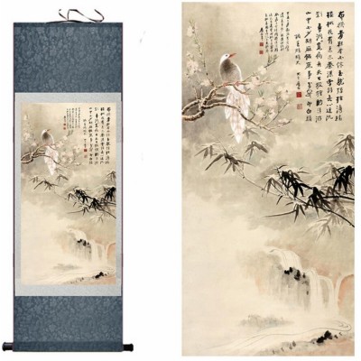 Kakemono Oiseau sur Branche de Cerisier et Bambous