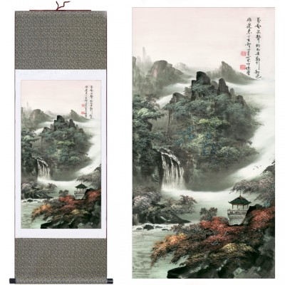 Grand Kakemono Temple au Bord de la Rivière