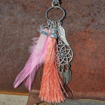 Porte Clés Attrape Rêves Plumes en Quartz rose – Image 3