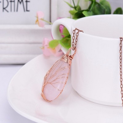 Collier Arbre de Vie Goutte en Quartz rose – Image 2