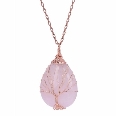 Collier Arbre de Vie Goutte en Quartz rose