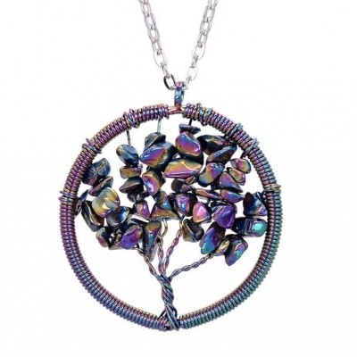 Collier Arbre de Vie en Aqua Aura arc en ciel
