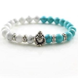 Bracelet Bouddha Riant argenté en Howlite et Turquoise