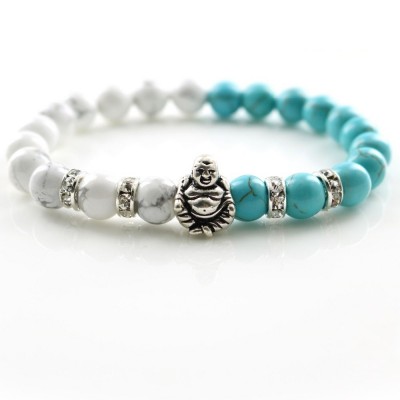 Bracelet Bouddha Riant argenté en Howlite et Turquoise