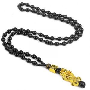 Suspension Pendentif Obsidienne Pi Yao doré
