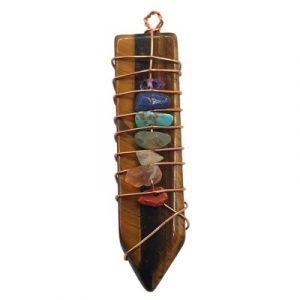 Pendentif Pendule Plat des 7 Chakras, Oeil de Tigre marron