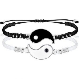 Bracelets Couple Yin Yang noir et blanc argenté