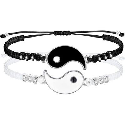 Bracelets Couple Yin Yang noir et blanc argenté