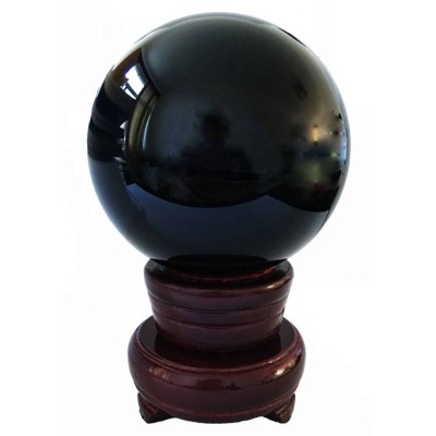 Boule Obsidienne noire 100mm sur support rouge – Image 2