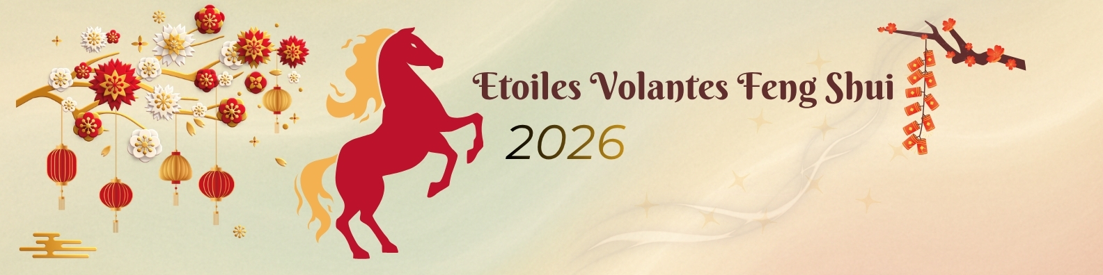 Bannière Feng Shui représentant les Étoiles Volantes 2026, avec décor vagues d'énergies, lanternes rouges et silhouette du cheval de feu, dans un style rouge et or traditionnel.