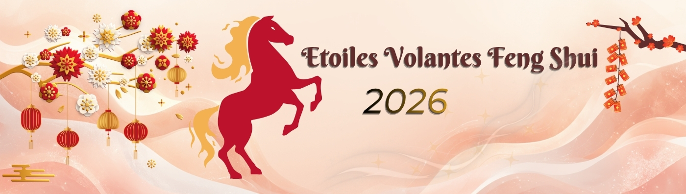 Bannière Feng Shui représentant les Étoiles Volantes 2026, avec décor vagues d'énergies, lanternes rouges et silhouette du cheval de feu, dans un style rouge et or traditionnel.