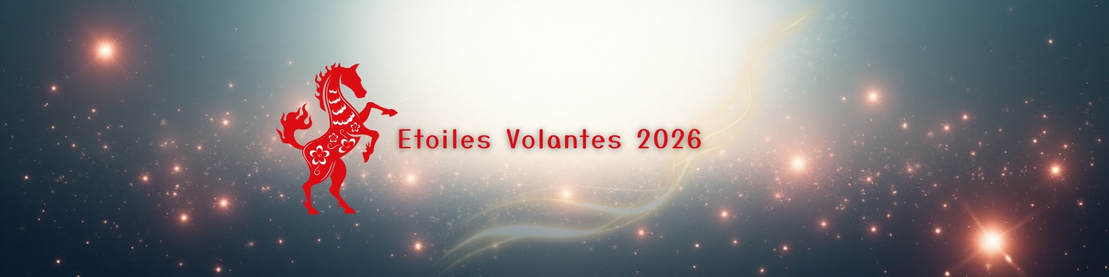 illustration des étoiles volantes 2026 avec le cheval de feu, sur fond étoilé avec lignes d'énergie vitale.