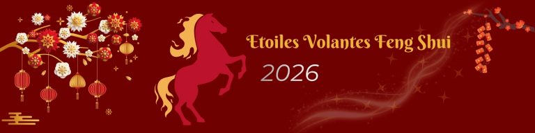 Bannière Feng Shui représentant les Étoiles Volantes 2026, avec décor floral asiatique, lanternes rouges et silhouette d’un cheval, dans un style rouge et or traditionnel.