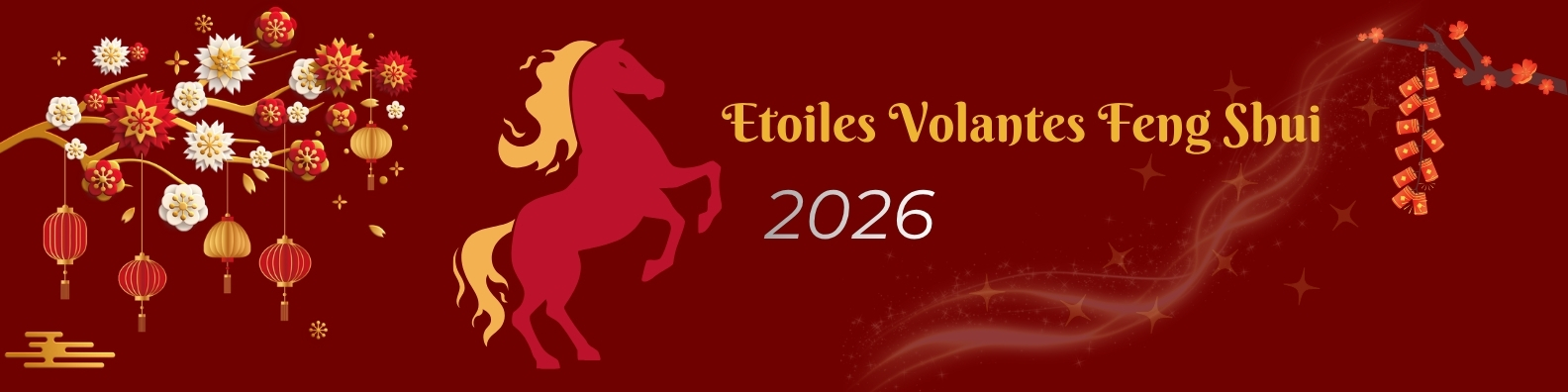 Bannière Feng Shui représentant les Étoiles Volantes 2026, avec décor floral asiatique, lanternes rouges et silhouette d’un cheval, dans un style rouge et or traditionnel.