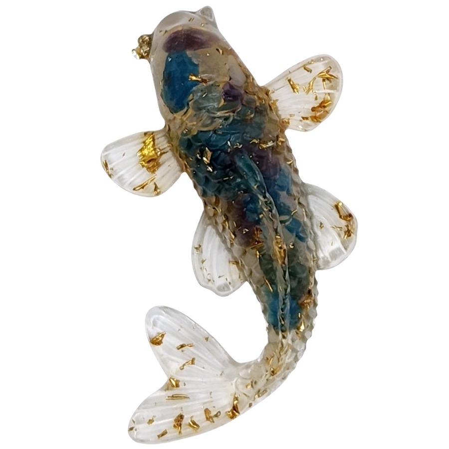 figurine poisson carpe irisé feng shui avec pièce dorée