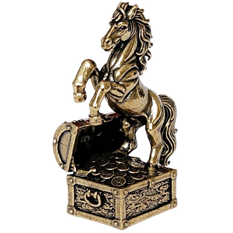 statuette Feng Shui cheval au trésor avec coffre ouvert – vue latérale