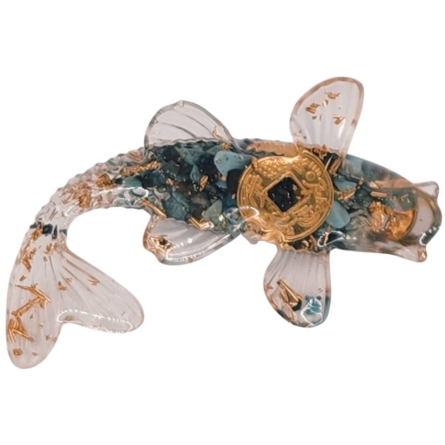 Statue Poisson Carpe Feng Shui pierres naturelles turquoise africaine, vue de dos