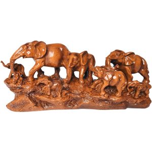 Grande Statue Famille Éléphants Feng Shui en résine imitation bois – vue de face