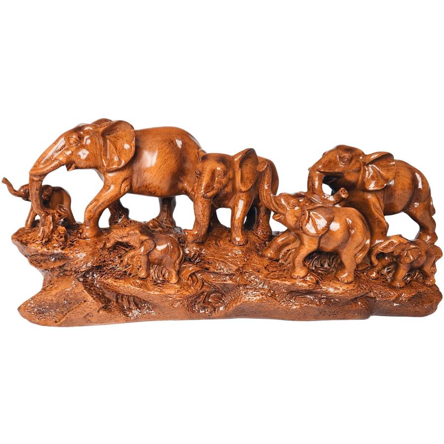 Grande Statue Famille Éléphants Feng Shui en résine imitation bois – vue de face