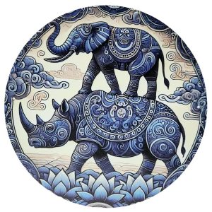 Plaque décorative rhinocéros et éléphant bleus symbole de protection et stabilité