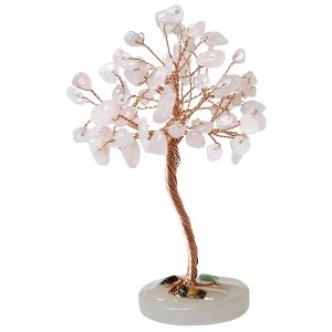 arbre de vie en quartz rose sur socle en agate