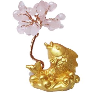 carpe koï dorée avec arbre en quartz rose feng shui