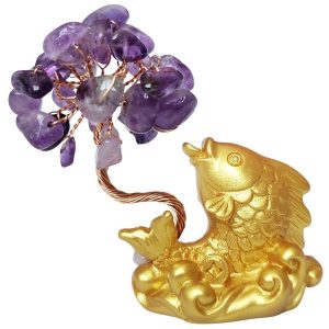 carpe koï dorée avec arbre en améthyste feng shui