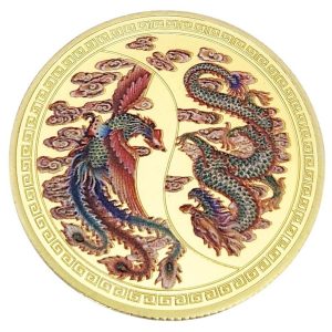 Amulette Dragon Phénix dorée recto animaux célestes Feng Shui
