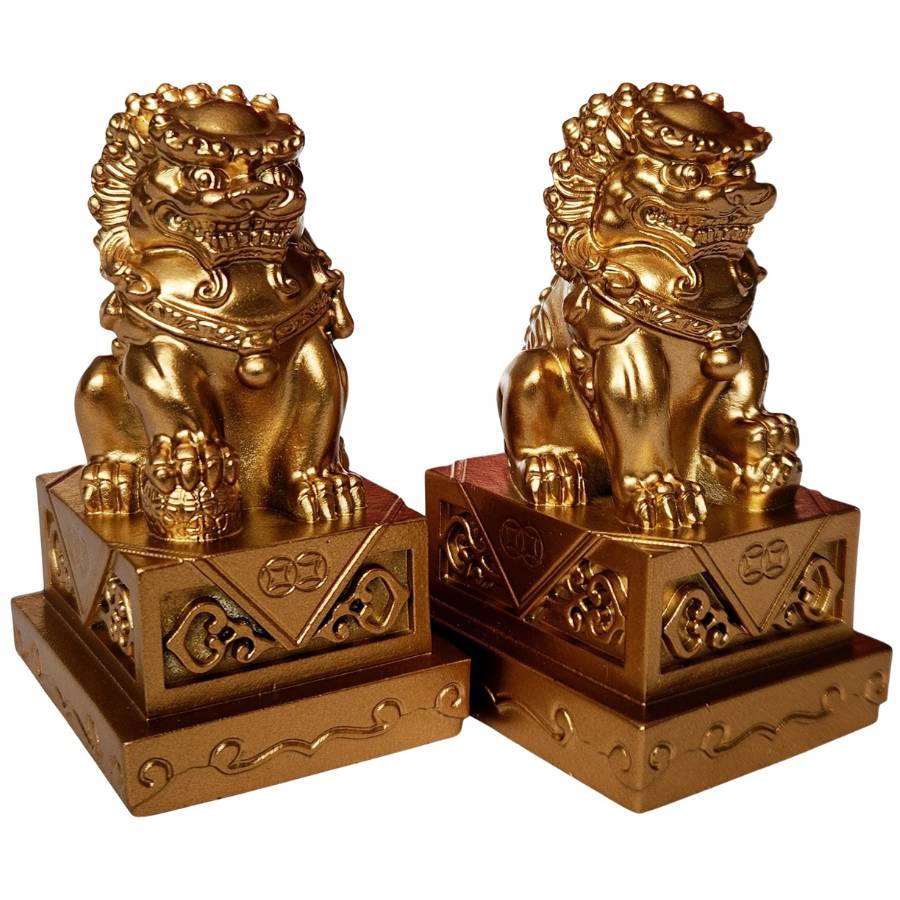 Statues Fu Dogs or cuivrée Feng Shui – vue de profil finition chaude et ancrée