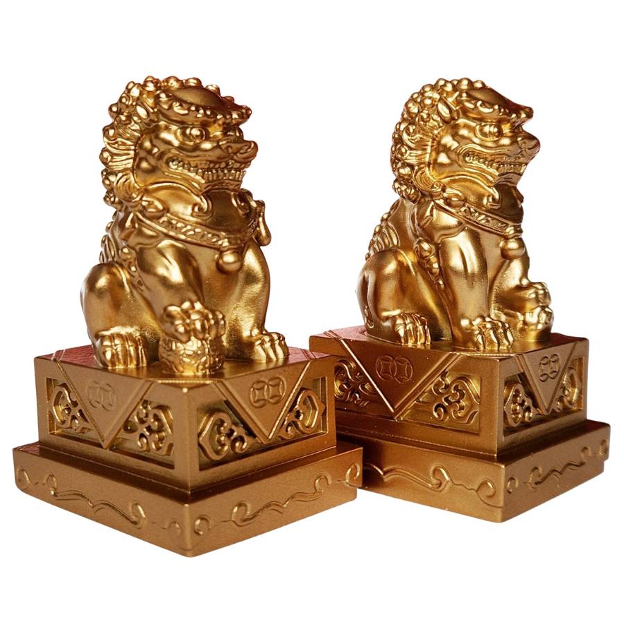 Statues Fu Dogs or cuivrée Feng Shui – vue de face duo de lions gardiens